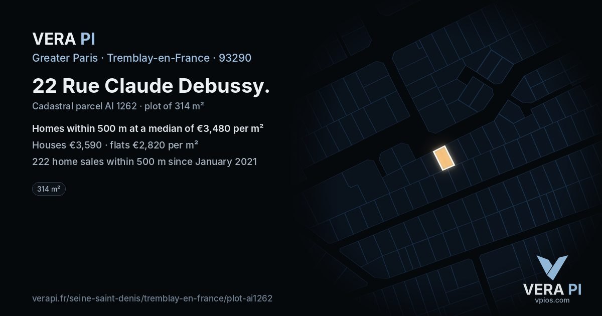 22 Rue Claude Debussy, Tremblay-en-France at night – the plot lit, the parcels around coloured by the prices near them