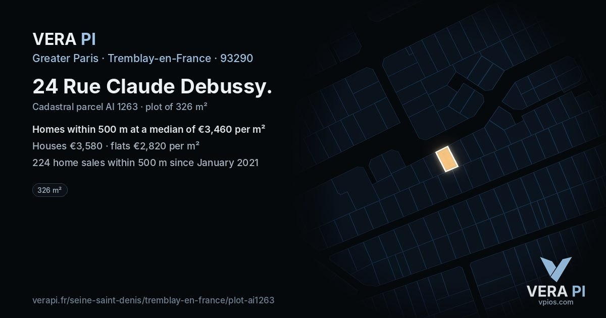 24 Rue Claude Debussy, Tremblay-en-France at night – the plot lit, the parcels around coloured by the prices near them