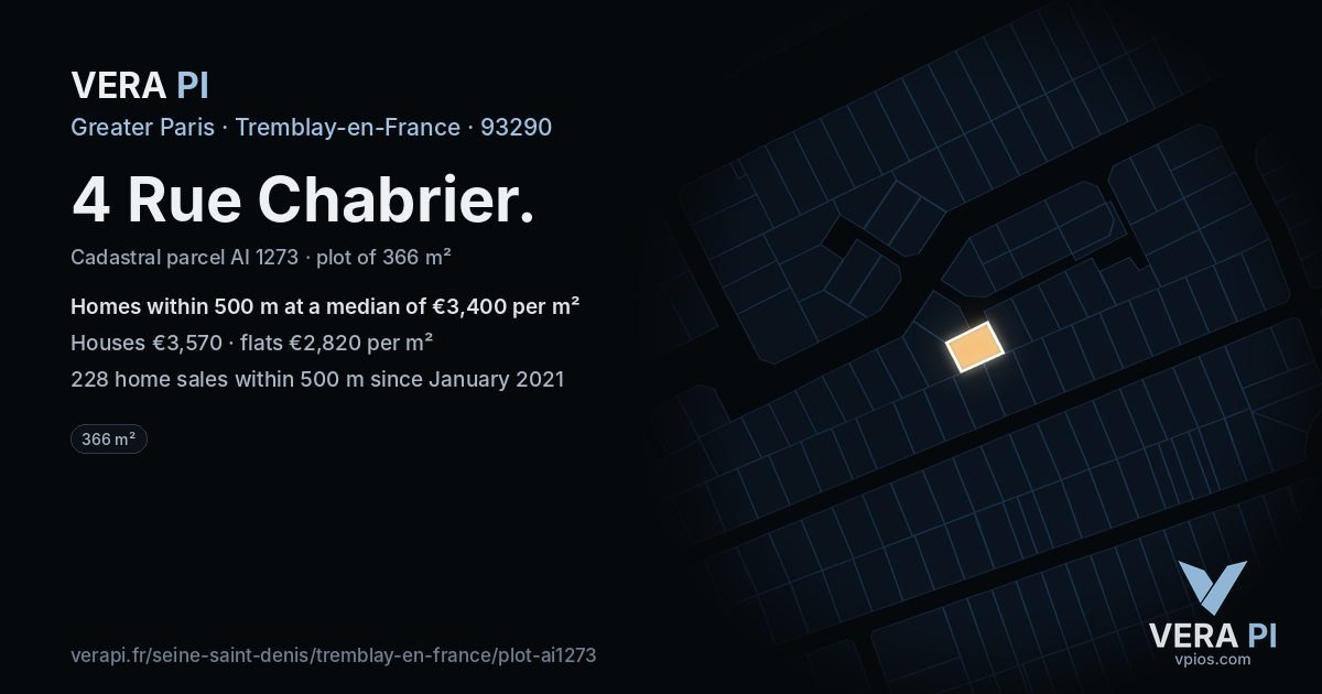 4 Rue Chabrier, Tremblay-en-France at night – the plot lit, the parcels around coloured by the prices near them