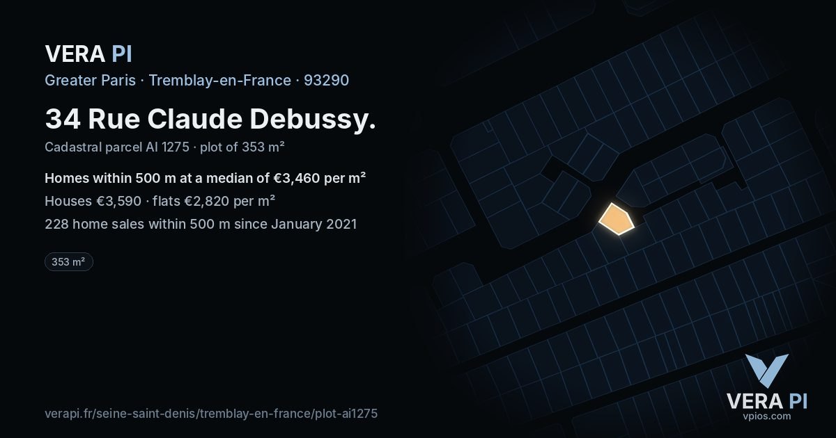 34 Rue Claude Debussy, Tremblay-en-France at night – the plot lit, the parcels around coloured by the prices near them