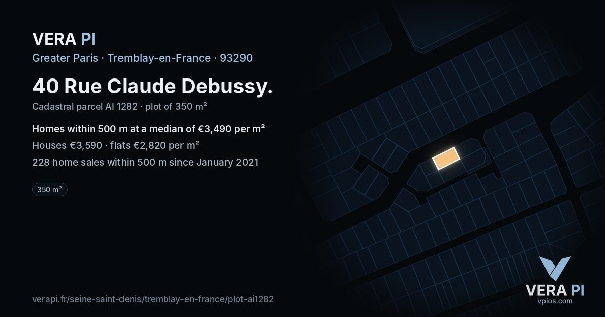 40 Rue Claude Debussy, Tremblay-en-France at night – the plot lit, the parcels around coloured by the prices near them