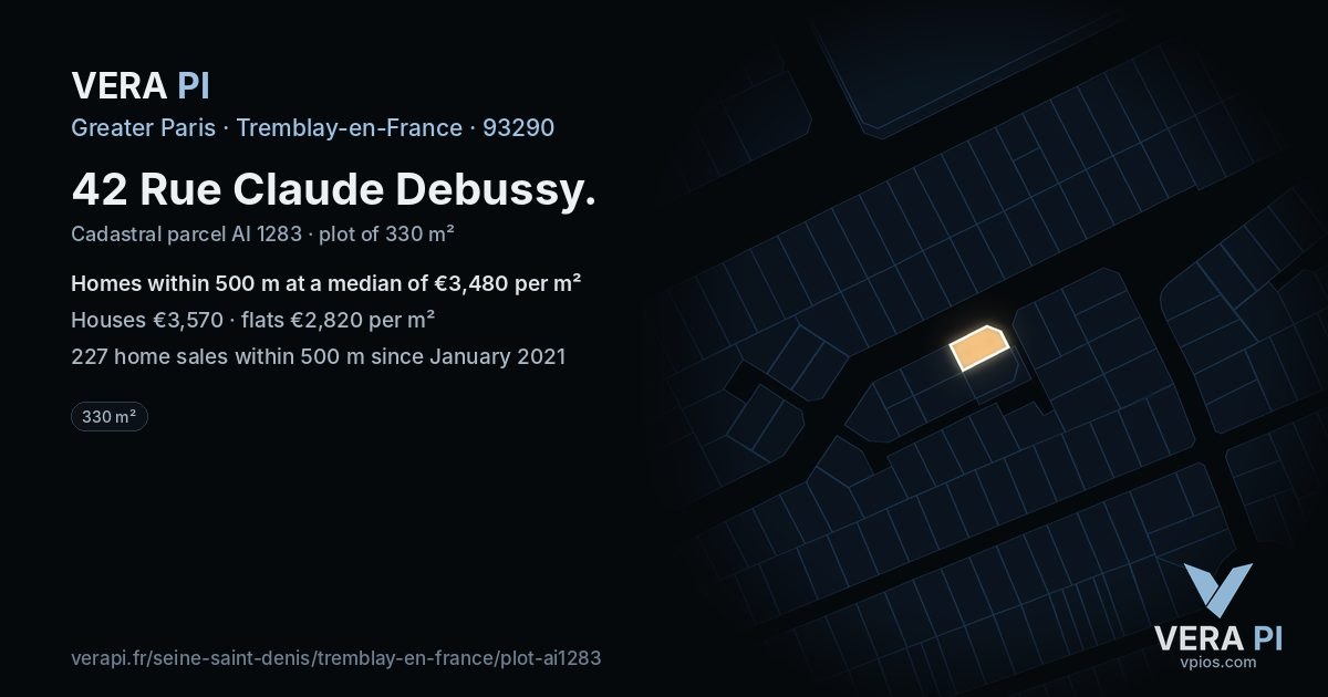 42 Rue Claude Debussy, Tremblay-en-France at night – the plot lit, the parcels around coloured by the prices near them