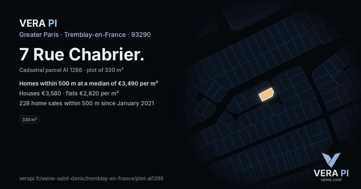 7 Rue Chabrier, Tremblay-en-France at night – the plot lit, the parcels around coloured by the prices near them