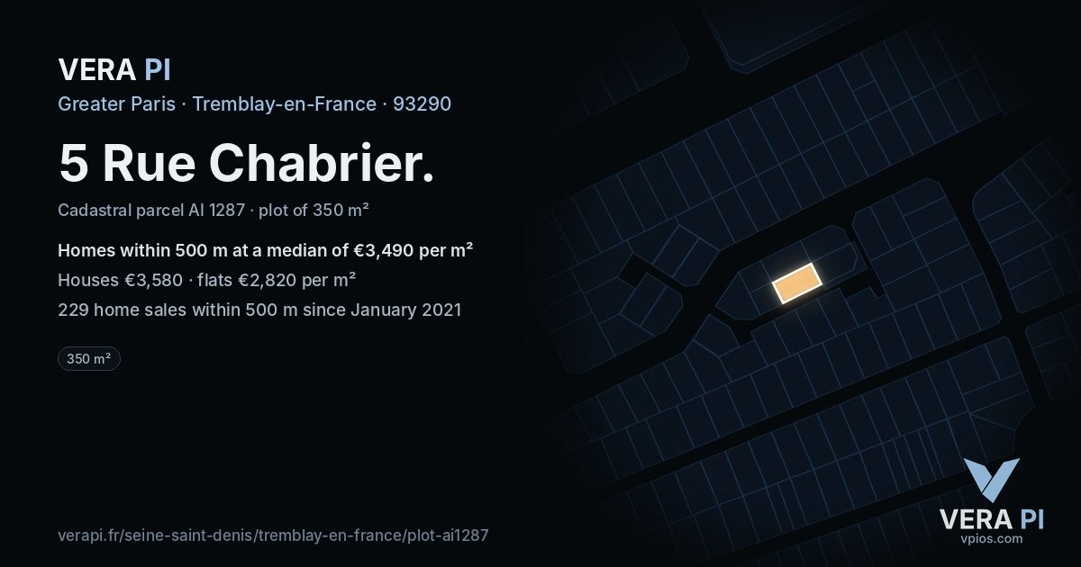 5 Rue Chabrier, Tremblay-en-France at night – the plot lit, the parcels around coloured by the prices near them