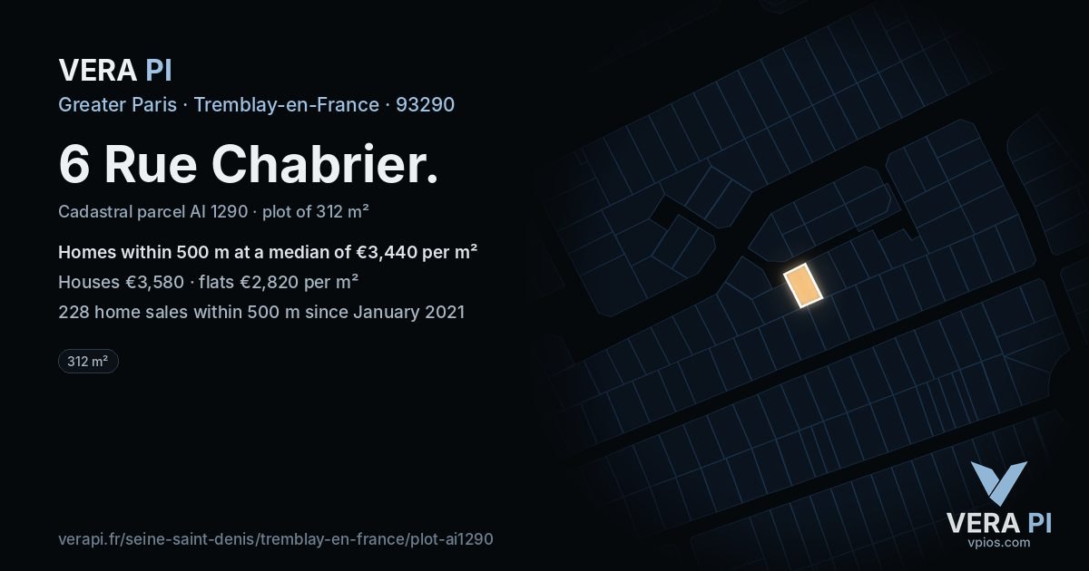 6 Rue Chabrier, Tremblay-en-France at night – the plot lit, the parcels around coloured by the prices near them