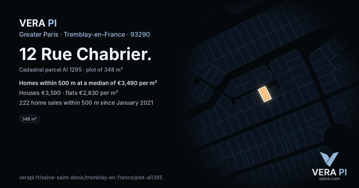 12 Rue Chabrier, Tremblay-en-France at night – the plot lit, the parcels around coloured by the prices near them