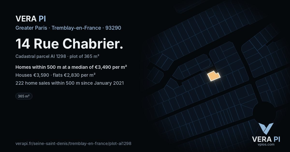 14 Rue Chabrier, Tremblay-en-France at night – the plot lit, the parcels around coloured by the prices near them