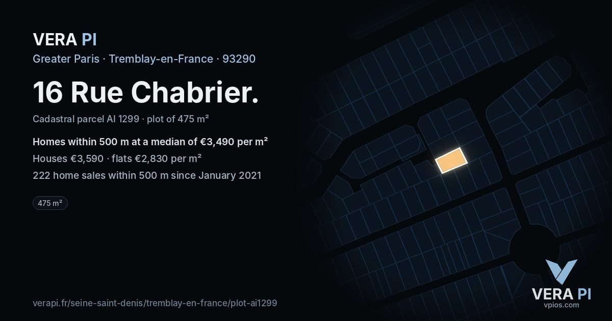 16 Rue Chabrier, Tremblay-en-France at night – the plot lit, the parcels around coloured by the prices near them