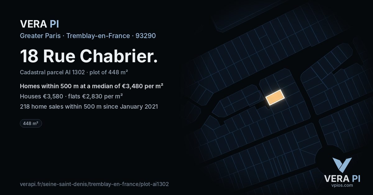 18 Rue Chabrier, Tremblay-en-France at night – the plot lit, the parcels around coloured by the prices near them