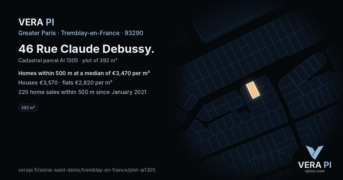 46 Rue Claude Debussy, Tremblay-en-France at night – the plot lit, the parcels around coloured by the prices near them