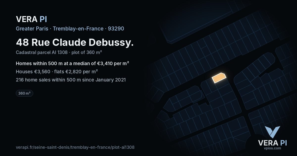 48 Rue Claude Debussy, Tremblay-en-France at night – the plot lit, the parcels around coloured by the prices near them