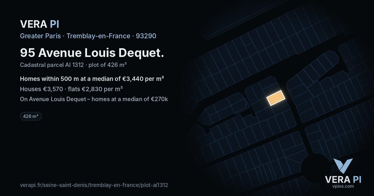 95 Avenue Louis Dequet, Tremblay-en-France at night – the plot lit, the parcels around coloured by the prices near them