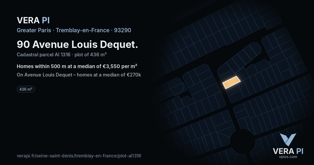 90 Avenue Louis Dequet, Tremblay-en-France at night – the plot lit, the parcels around coloured by the prices near them