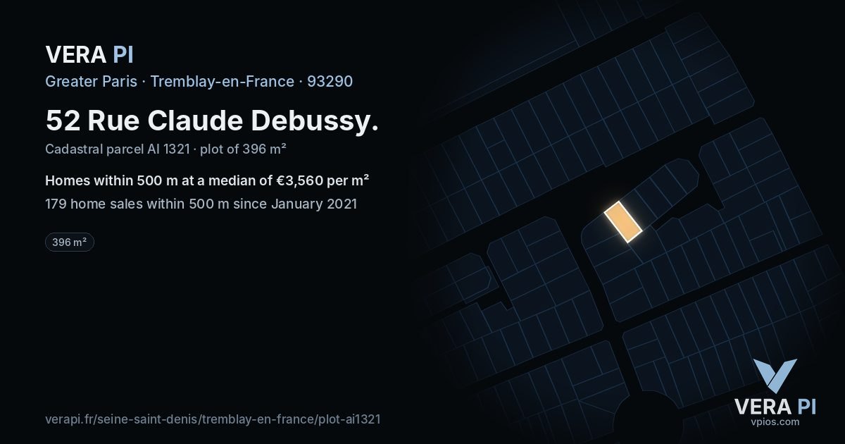 52 Rue Claude Debussy, Tremblay-en-France at night – the plot lit, the parcels around coloured by the prices near them