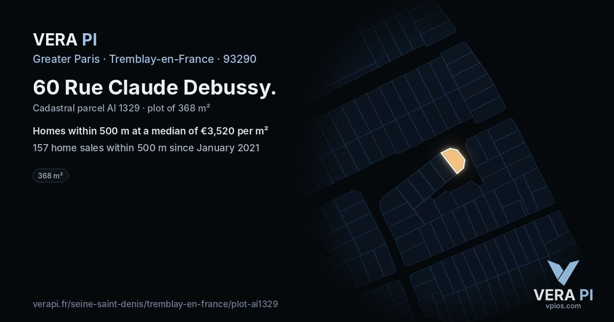 60 Rue Claude Debussy, Tremblay-en-France at night – the plot lit, the parcels around coloured by the prices near them