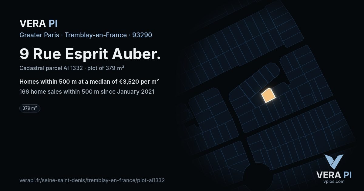 9 Rue Esprit Auber, Tremblay-en-France at night – the plot lit, the parcels around coloured by the prices near them