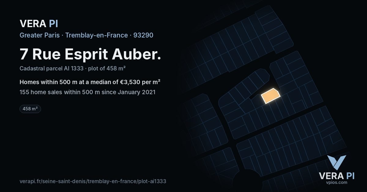 7 Rue Esprit Auber, Tremblay-en-France at night – the plot lit, the parcels around coloured by the prices near them