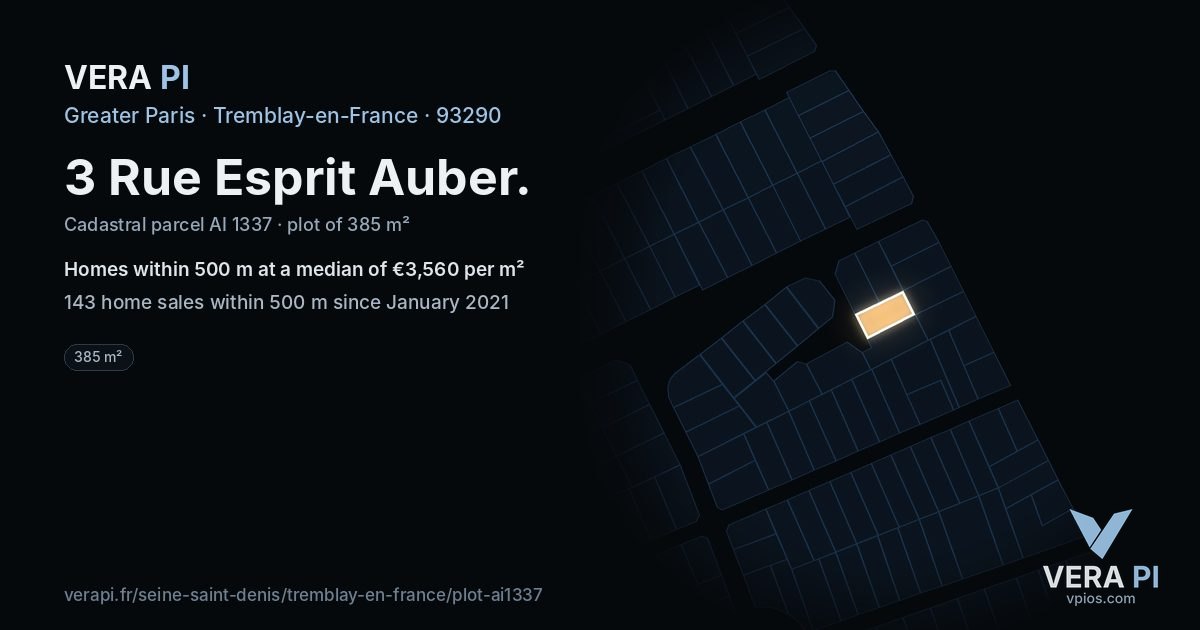 3 Rue Esprit Auber, Tremblay-en-France at night – the plot lit, the parcels around coloured by the prices near them