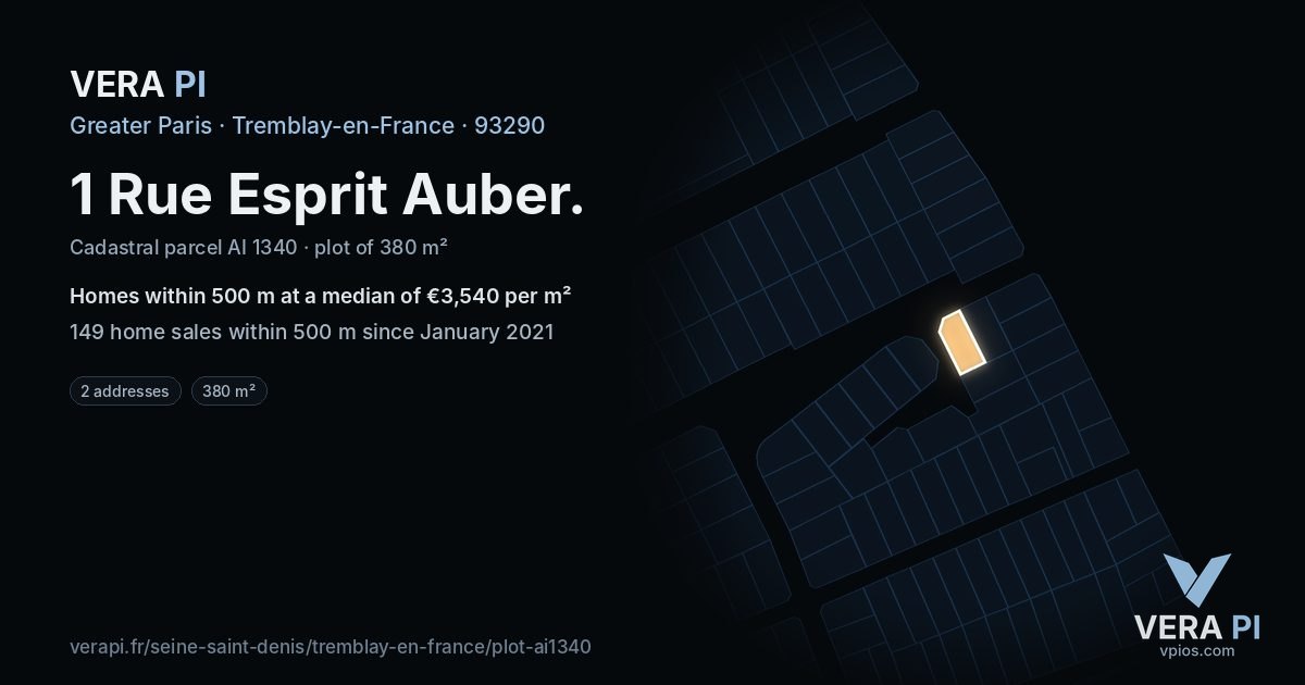1 Rue Esprit Auber, Tremblay-en-France at night – the plot lit, the parcels around coloured by the prices near them