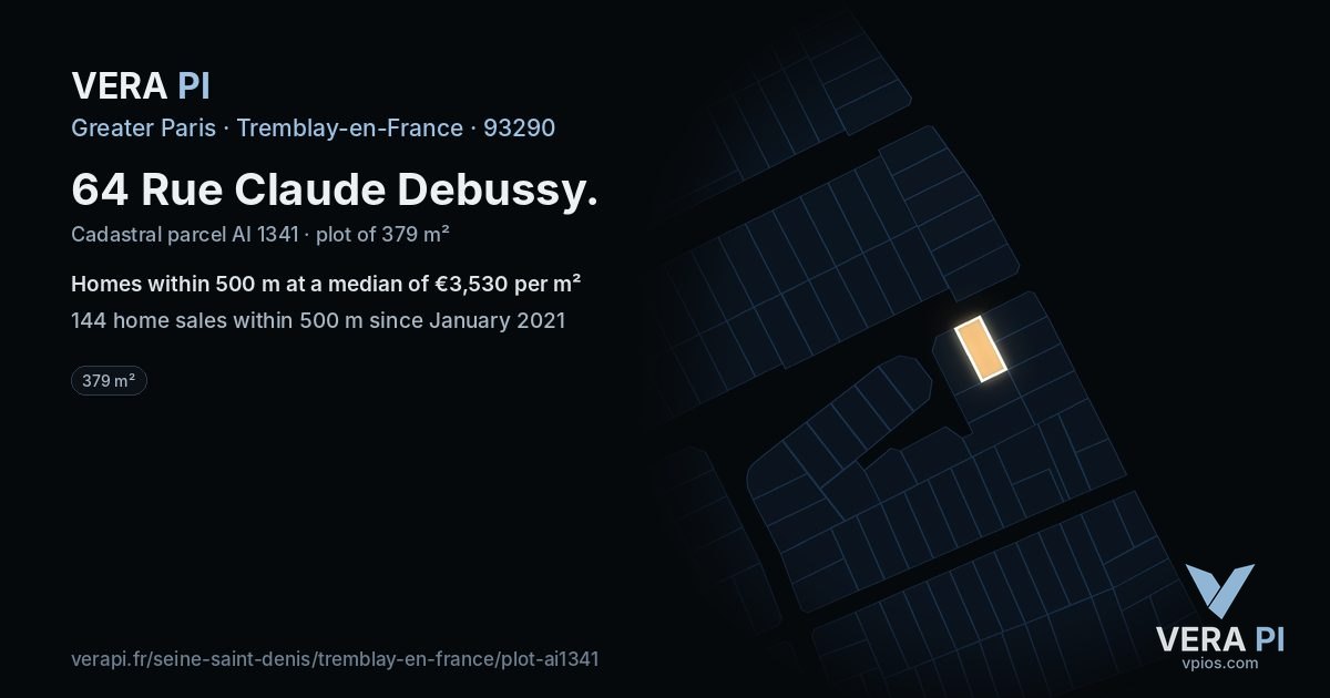 64 Rue Claude Debussy, Tremblay-en-France at night – the plot lit, the parcels around coloured by the prices near them