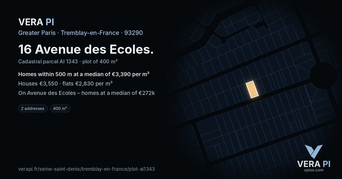 16 Avenue des Ecoles, Tremblay-en-France at night – the plot lit, the parcels around coloured by the prices near them