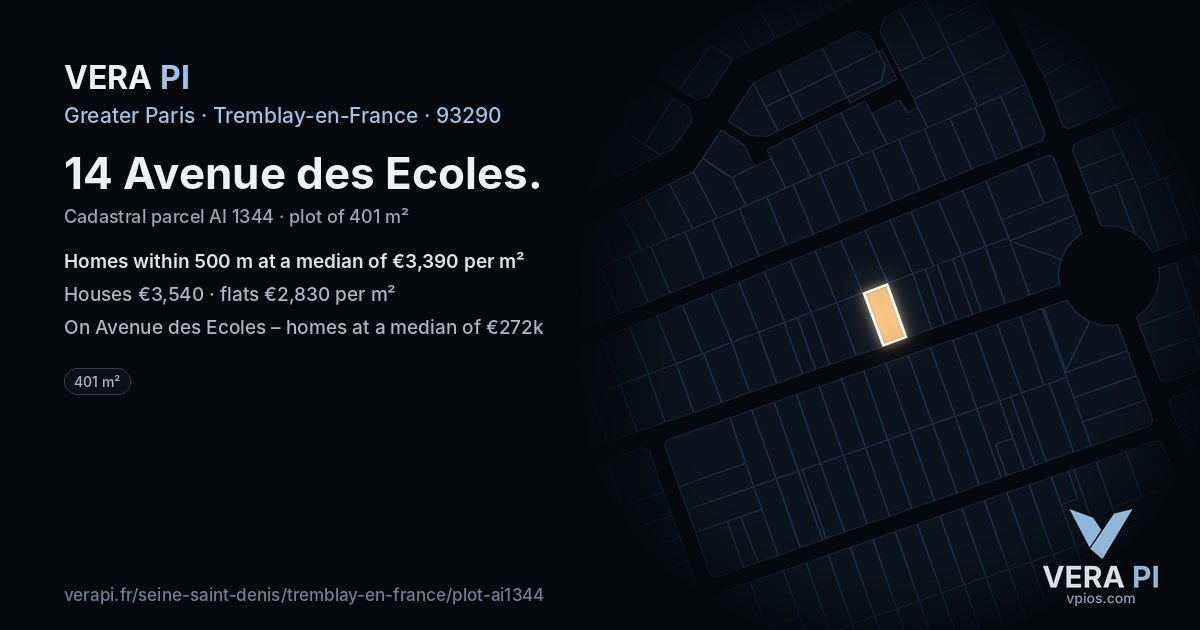 14 Avenue des Ecoles, Tremblay-en-France at night – the plot lit, the parcels around coloured by the prices near them