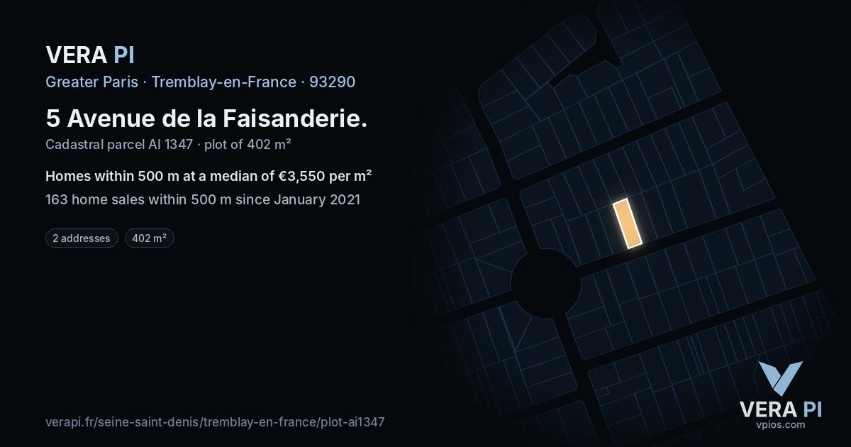 5 Avenue de la Faisanderie, Tremblay-en-France at night – the plot lit, the parcels around coloured by the prices near them