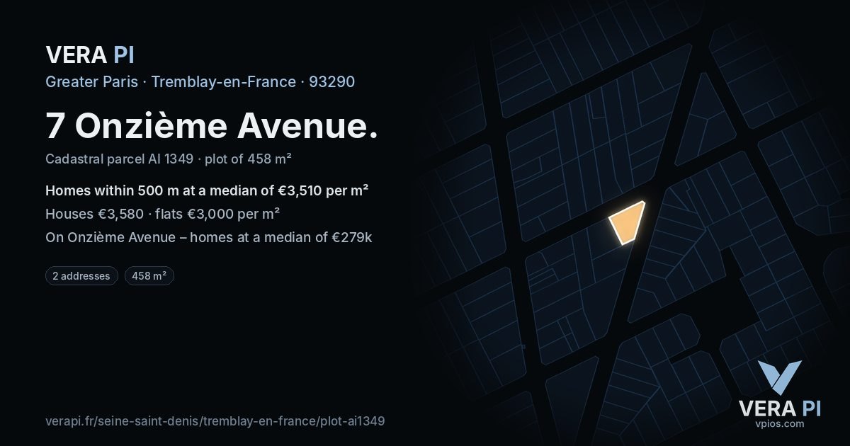 7 Onzième Avenue, Tremblay-en-France at night – the plot lit, the parcels around coloured by the prices near them