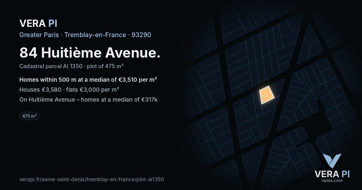 84 Huitième Avenue, Tremblay-en-France at night – the plot lit, the parcels around coloured by the prices near them