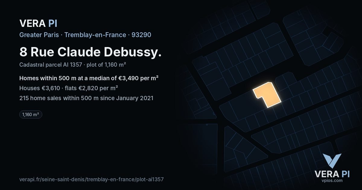 8 Rue Claude Debussy, Tremblay-en-France at night – the plot lit, the parcels around coloured by the prices near them