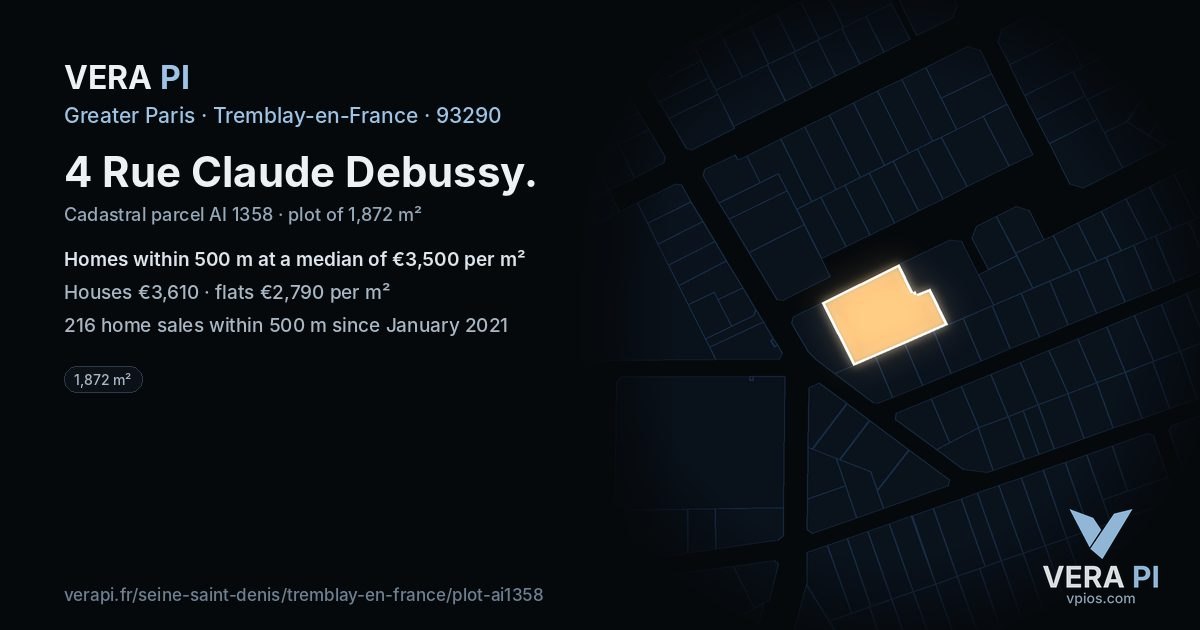 4 Rue Claude Debussy, Tremblay-en-France at night – the plot lit, the parcels around coloured by the prices near them