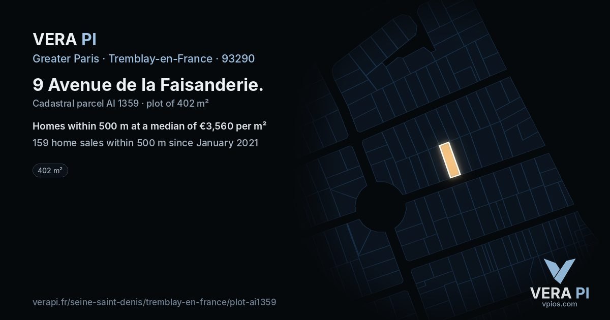 9 Avenue de la Faisanderie, Tremblay-en-France at night – the plot lit, the parcels around coloured by the prices near them