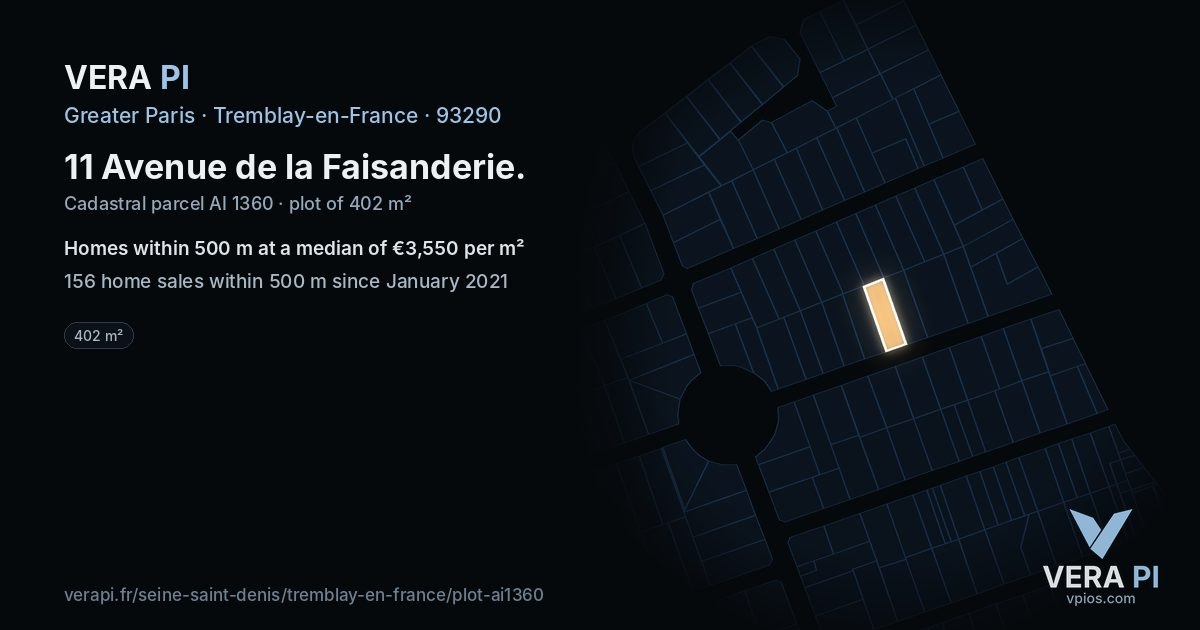 11 Avenue de la Faisanderie, Tremblay-en-France at night – the plot lit, the parcels around coloured by the prices near them