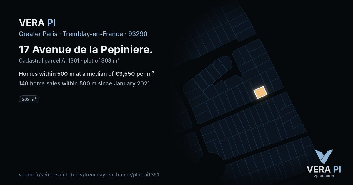 17 Avenue de la Pepiniere, Tremblay-en-France at night – the plot lit, the parcels around coloured by the prices near them