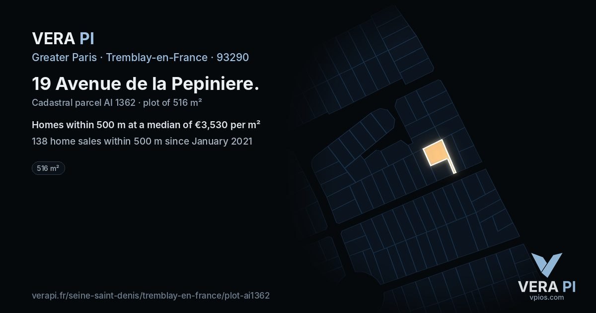 19 Avenue de la Pepiniere, Tremblay-en-France at night – the plot lit, the parcels around coloured by the prices near them
