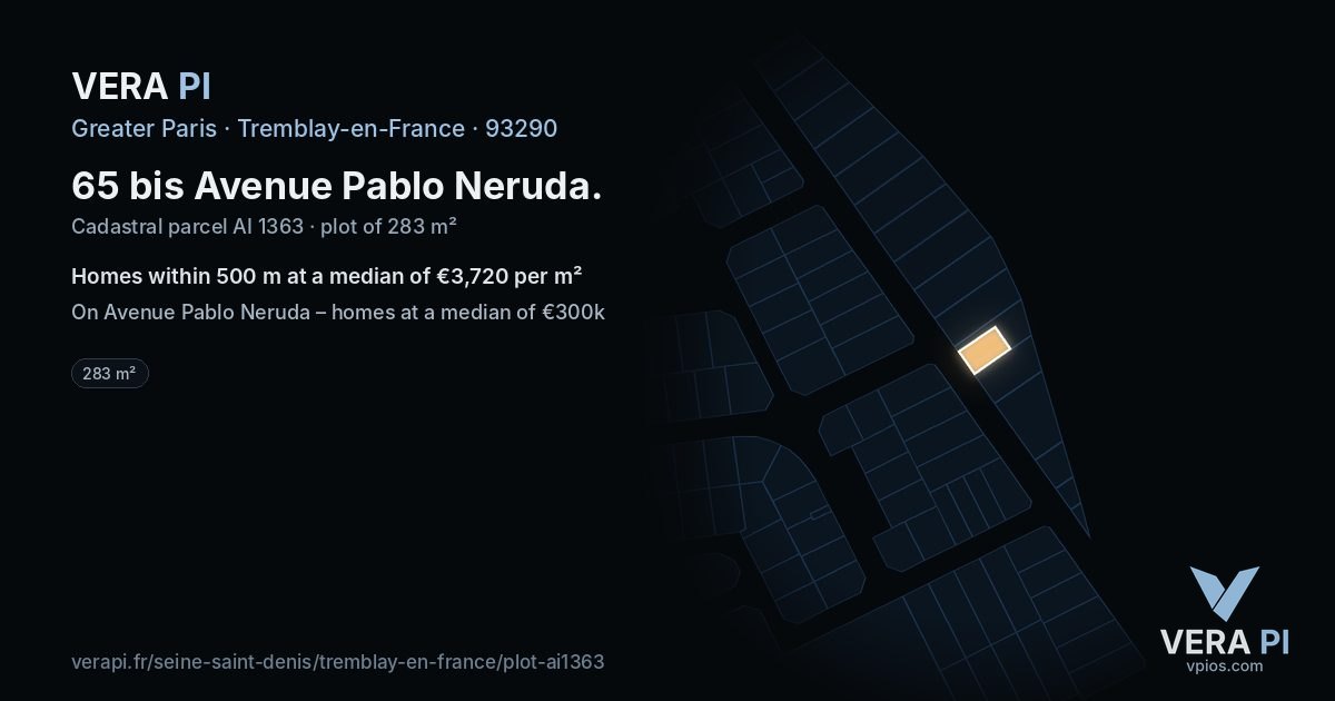 65 bis Avenue Pablo Neruda, Tremblay-en-France at night – the plot lit, the parcels around coloured by the prices near them