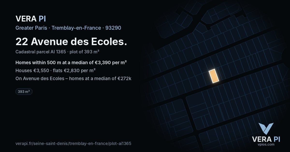 22 Avenue des Ecoles, Tremblay-en-France at night – the plot lit, the parcels around coloured by the prices near them