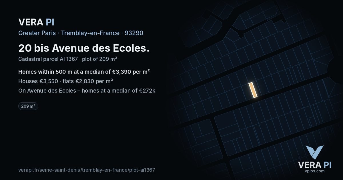 20 bis Avenue des Ecoles, Tremblay-en-France at night – the plot lit, the parcels around coloured by the prices near them