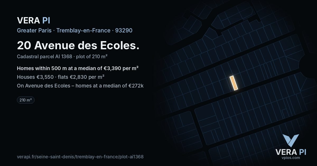 20 Avenue des Ecoles, Tremblay-en-France at night – the plot lit, the parcels around coloured by the prices near them