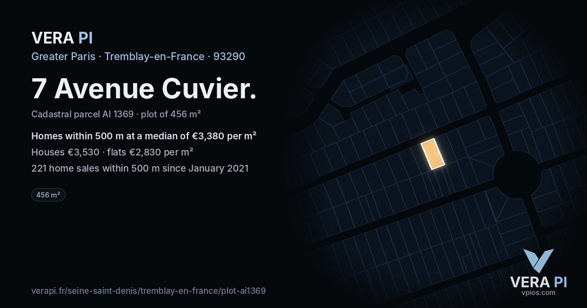7 Avenue Cuvier, Tremblay-en-France at night – the plot lit, the parcels around coloured by the prices near them