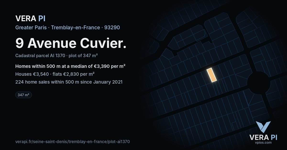 9 Avenue Cuvier, Tremblay-en-France at night – the plot lit, the parcels around coloured by the prices near them