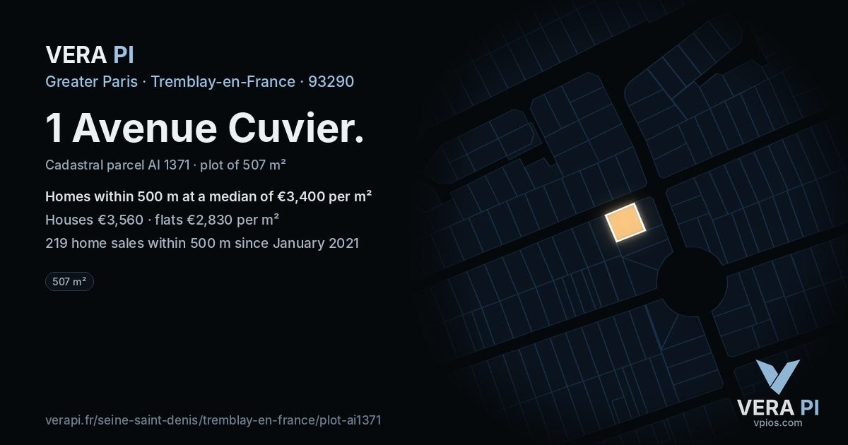 1 Avenue Cuvier, Tremblay-en-France at night – the plot lit, the parcels around coloured by the prices near them