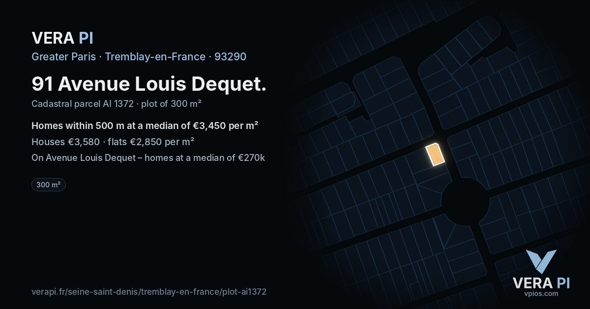 91 Avenue Louis Dequet, Tremblay-en-France at night – the plot lit, the parcels around coloured by the prices near them