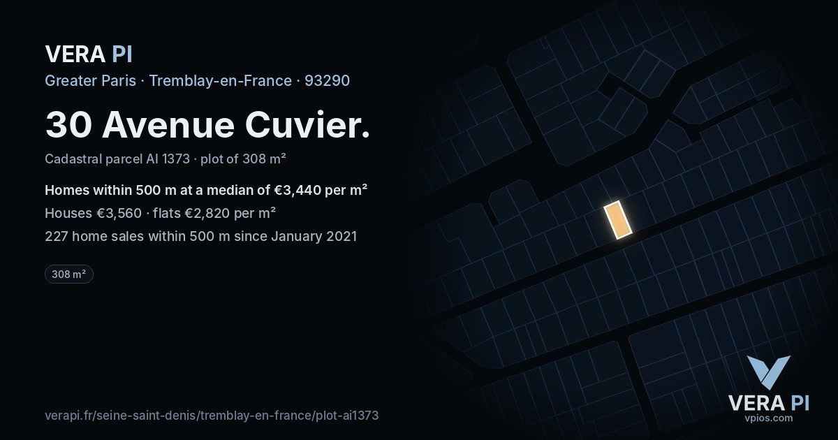 30 Avenue Cuvier, Tremblay-en-France at night – the plot lit, the parcels around coloured by the prices near them