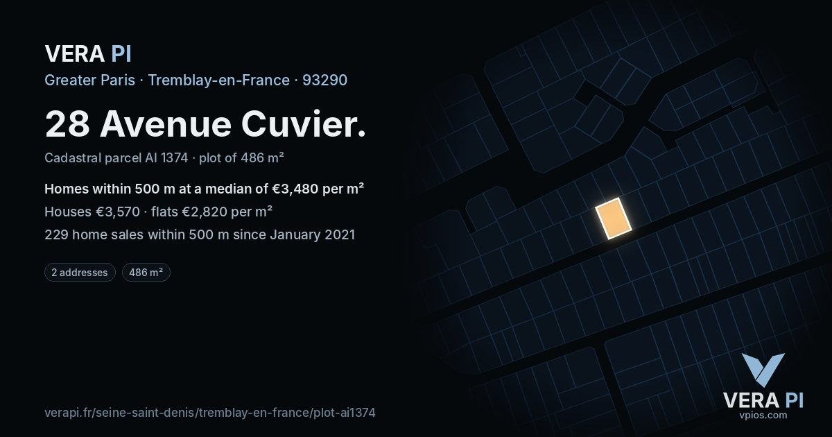 28 Avenue Cuvier, Tremblay-en-France at night – the plot lit, the parcels around coloured by the prices near them