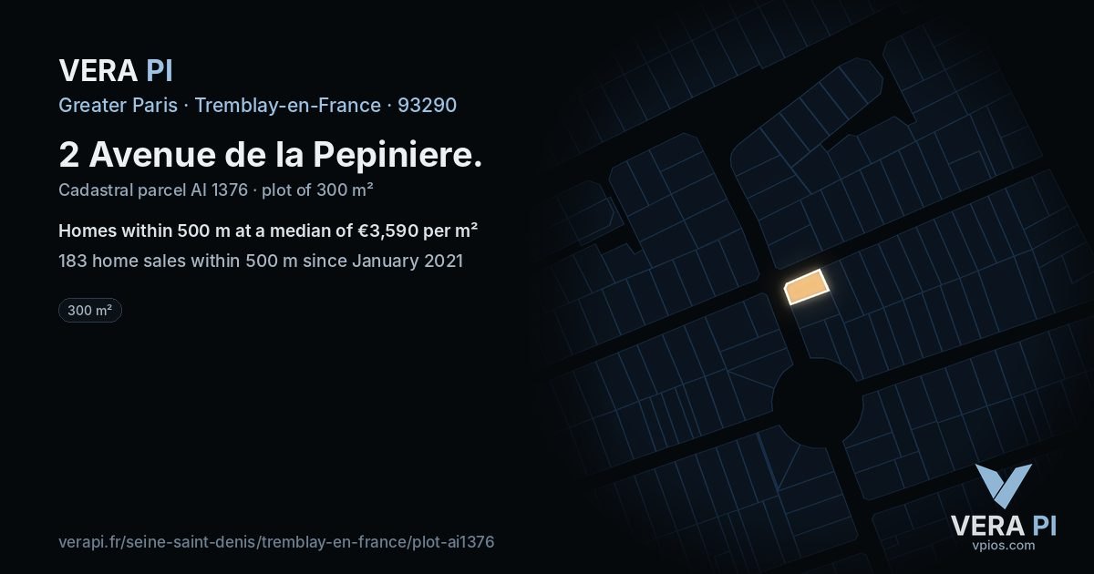 2 Avenue de la Pepiniere, Tremblay-en-France at night – the plot lit, the parcels around coloured by the prices near them
