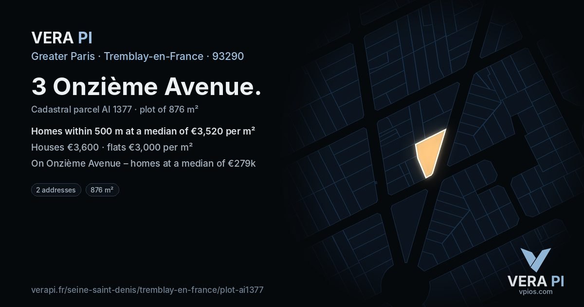 3 Onzième Avenue, Tremblay-en-France at night – the plot lit, the parcels around coloured by the prices near them