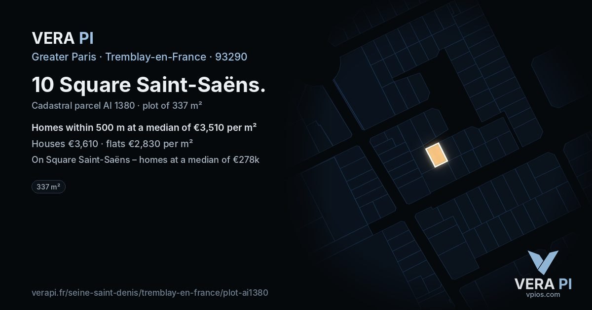 10 Square Saint-Saëns, Tremblay-en-France at night – the plot lit, the parcels around coloured by the prices near them