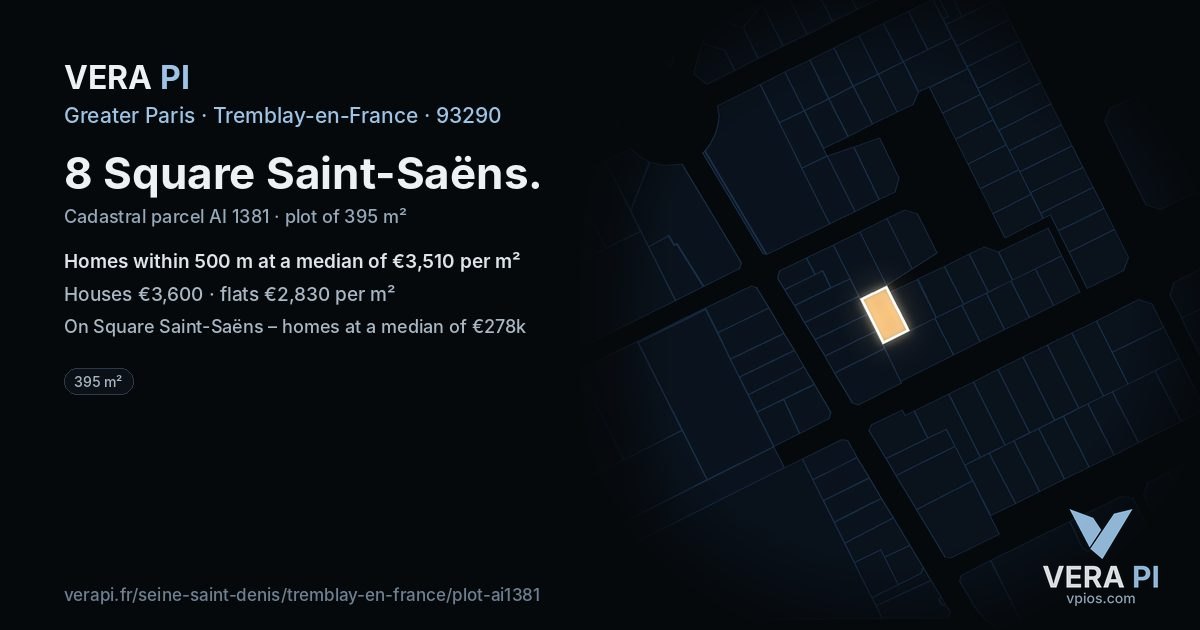 8 Square Saint-Saëns, Tremblay-en-France at night – the plot lit, the parcels around coloured by the prices near them
