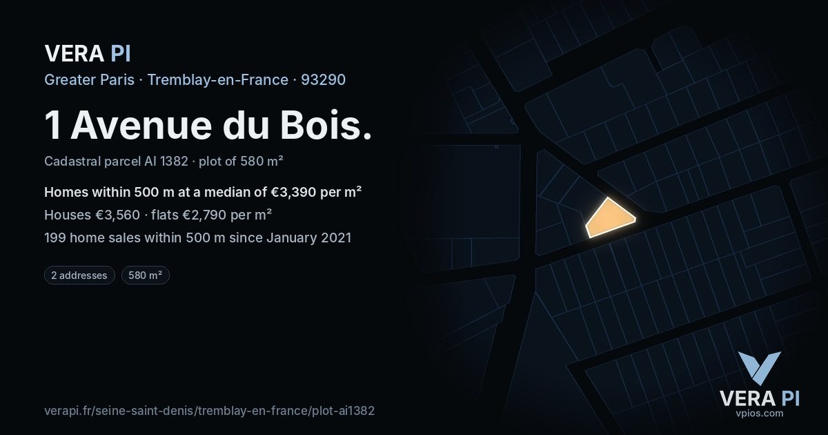 1 Avenue du Bois, Tremblay-en-France at night – the plot lit, the parcels around coloured by the prices near them